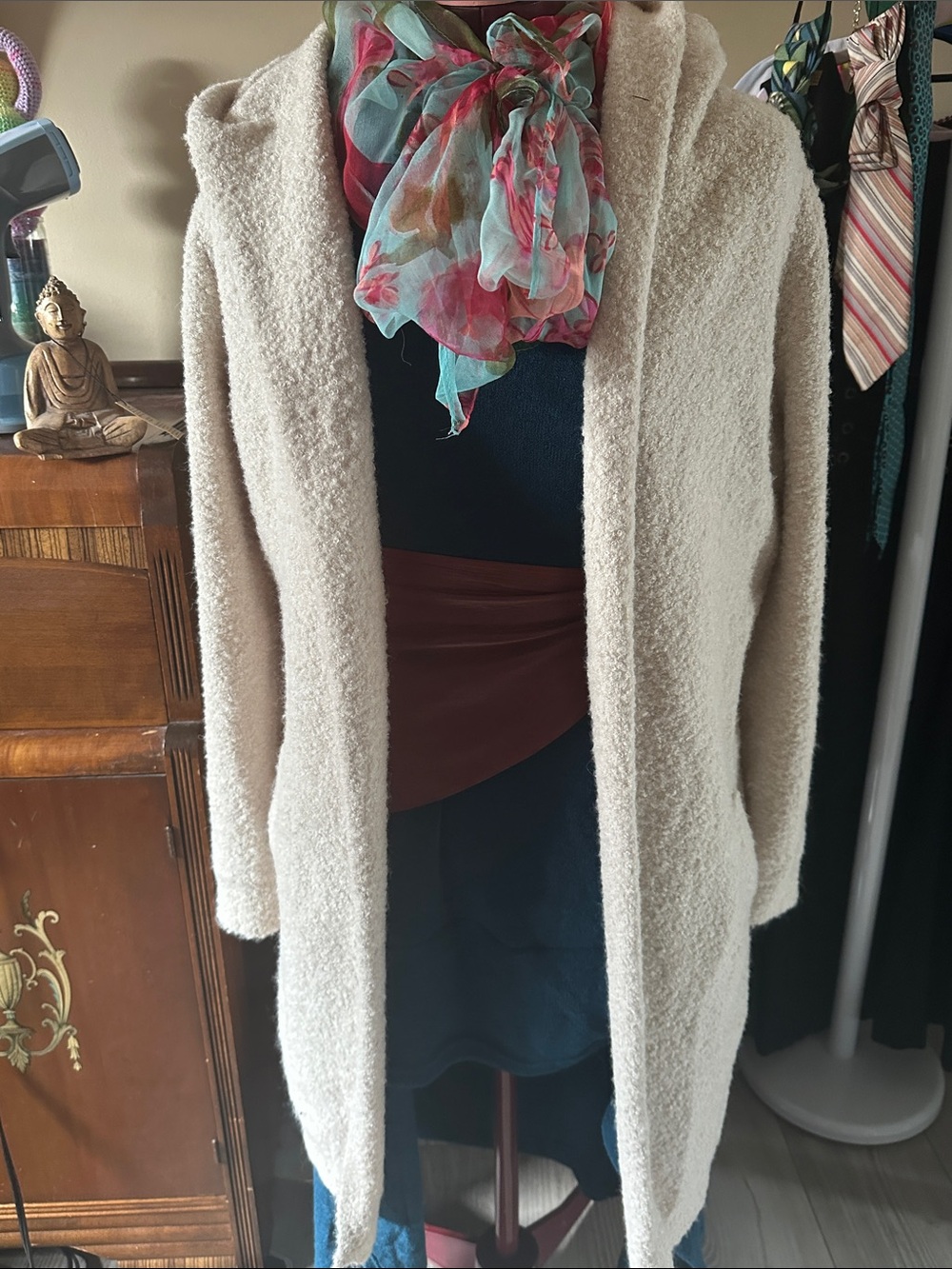 Le Chateau Cream Bouclé Hooded Open-Front Teddy Coatigan